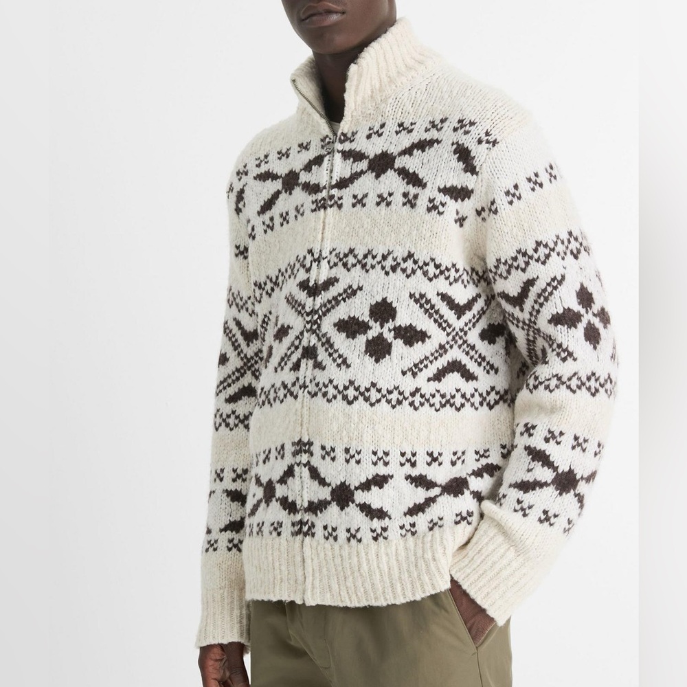 Vince Cream and Brown Patterned Zip Up Sweater in Medium